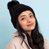 Velvet Cable Knit Pom Beanie