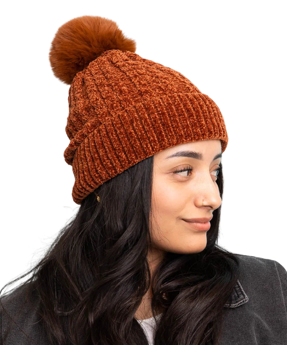 Velvet Cable Knit Pom Beanie