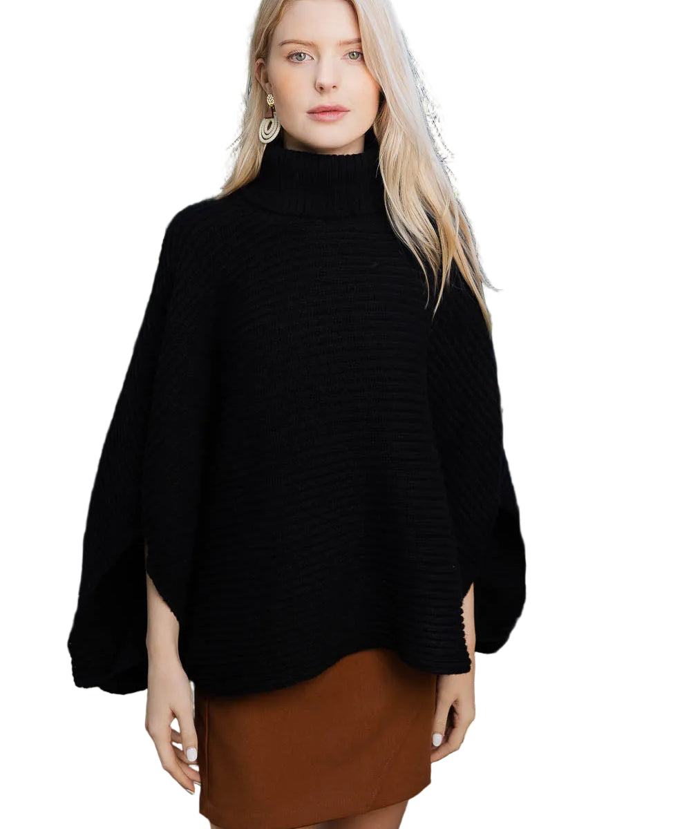 SnugStyle Turtleneck Ribbed Knit Poncho with Armholes