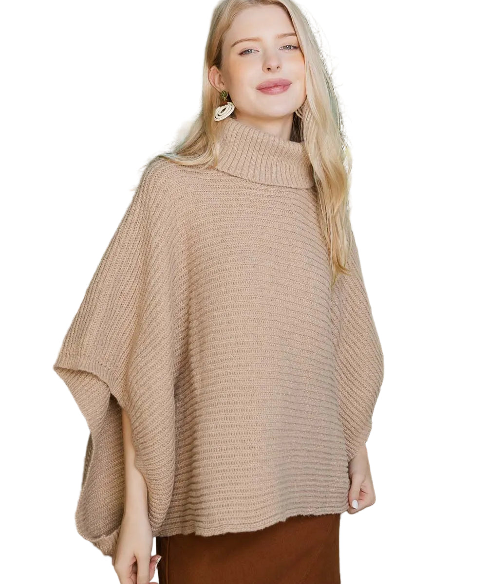 SnugStyle Turtleneck Ribbed Knit Poncho with Armholes