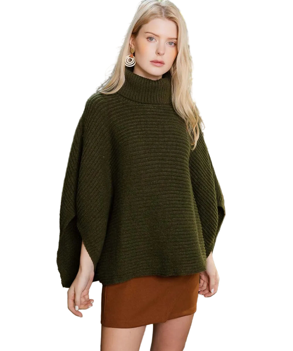 SnugStyle Turtleneck Ribbed Knit Poncho with Armholes