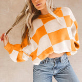 Dark Brown Checkered Bishop Sleeve Sweater