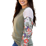 Laurel Green Floral Patchwork Long Sleeve Ribbed Blouse