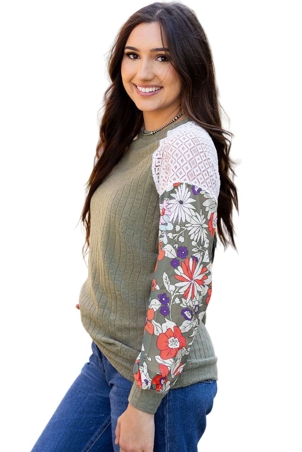 Laurel Green Floral Patchwork Long Sleeve Ribbed Blouse