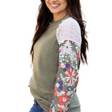 Laurel Green Floral Patchwork Long Sleeve Ribbed Blouse