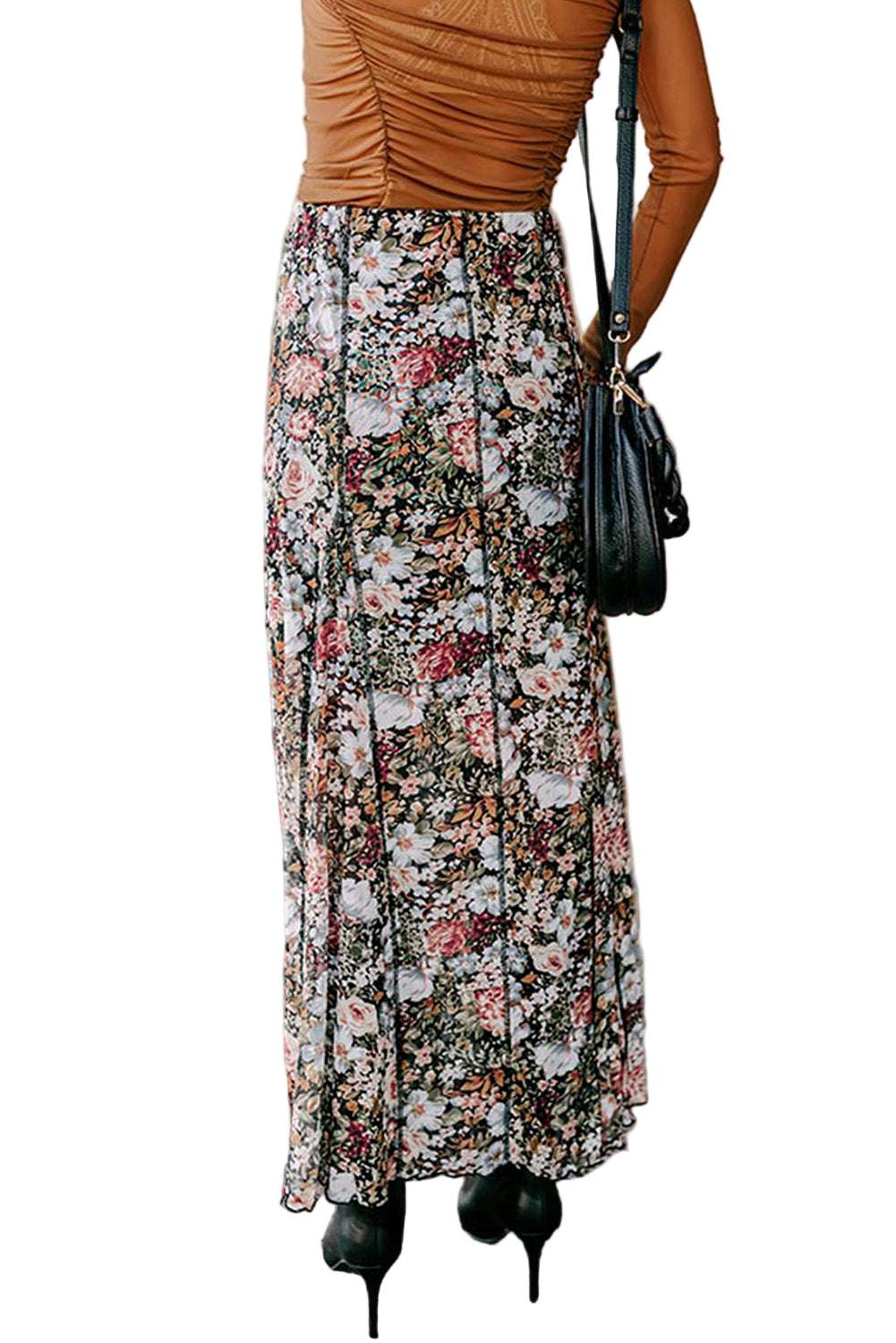 Brown Floral Print High Waist Maxi Skirt