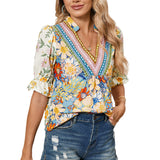 Multicolour Half Sleeve Boho Floral Pop of Color Neckline Blouse