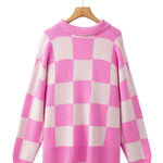 Pink Checkerboard Half Button Collared Drop Shoulder Sweater