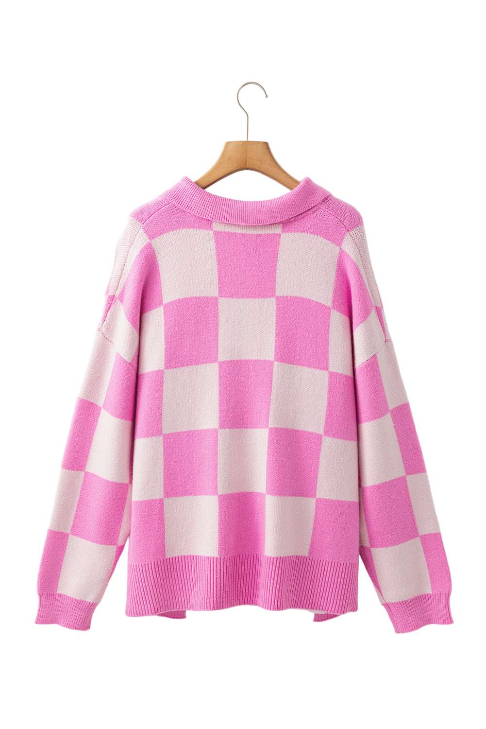 Pink Checkerboard Half Button Collared Drop Shoulder Sweater