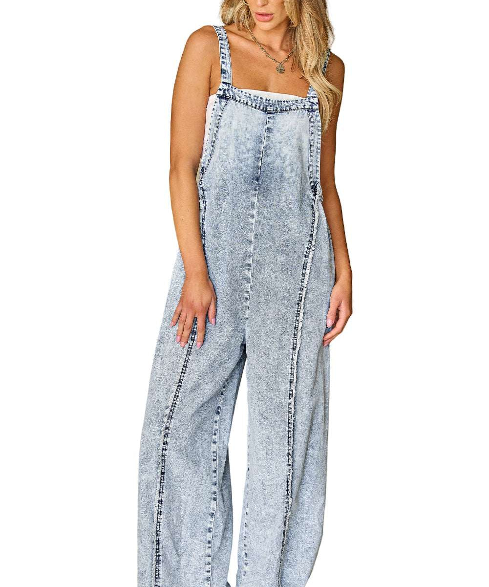 Beau Blue Light Wash Frayed Exposed Seam Wide Leg Denim Overall