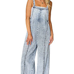 Beau Blue Light Wash Frayed Exposed Seam Wide Leg Denim Overall