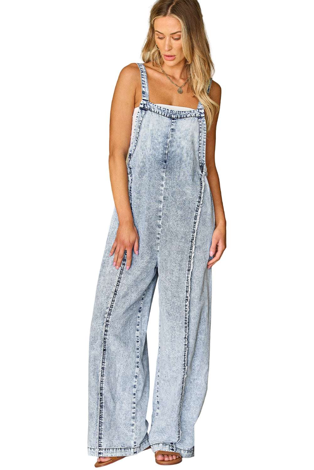 Beau Blue Light Wash Frayed Exposed Seam Wide Leg Denim Overall