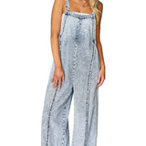 Beau Blue Light Wash Frayed Exposed Seam Wide Leg Denim Overall