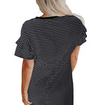 White Stripe Ruffled Short Sleeve Crew Neck T Shirt Shift Mini Dress