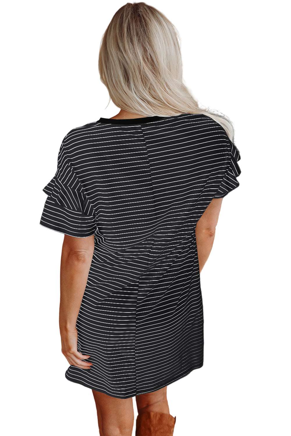 White Stripe Ruffled Short Sleeve Crew Neck T Shirt Shift Mini Dress