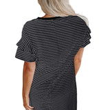 White Stripe Ruffled Short Sleeve Crew Neck T Shirt Shift Mini Dress