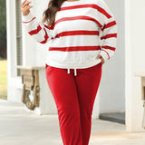 Red Stripe Drop Shoulder Pullover and Jogger Pants Set