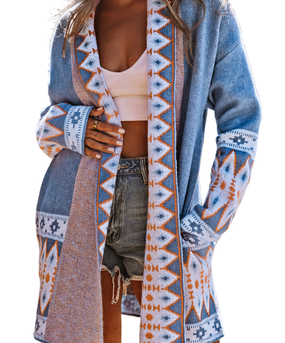 Brown Aztec Print Open Front Knitted Cardigan