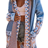 Brown Aztec Print Open Front Knitted Cardigan