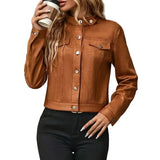 Faux Suede Cropped Jacket with Stand Collar — Vintage Short Coat / Fall Outwear