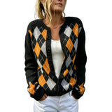 DIAMOND PATTERN Round-Neck Long-Sleeve Cardigan Jacket