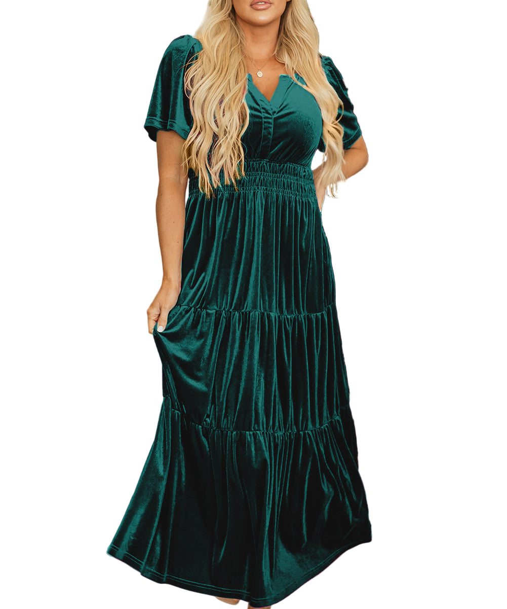 Red Dahlia Velvet Short Sleeve Shirred Waist Tiered Maxi Dress