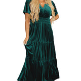 Red Dahlia Velvet Short Sleeve Shirred Waist Tiered Maxi Dress