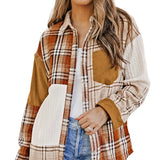 Orange Plaid Color Block Patchwork Shirt Jacket with Pocket