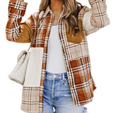 Orange Plaid Color Block Patchwork Shirt Jacket with Pocket