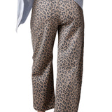 Khaki Leopard Printed Drawstring Elastic Waistband Pocketed Wide Leg Jeans