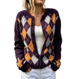 DIAMOND PATTERN Round-Neck Long-Sleeve Cardigan Jacket