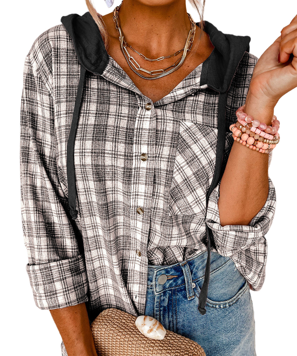 Pink Checkered Print Loose Fit Buttoned Hooded Shacket