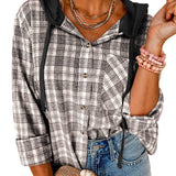 Pink Checkered Print Loose Fit Buttoned Hooded Shacket