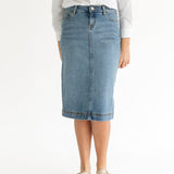 Bryn Light Wash Denim Midi Skirt