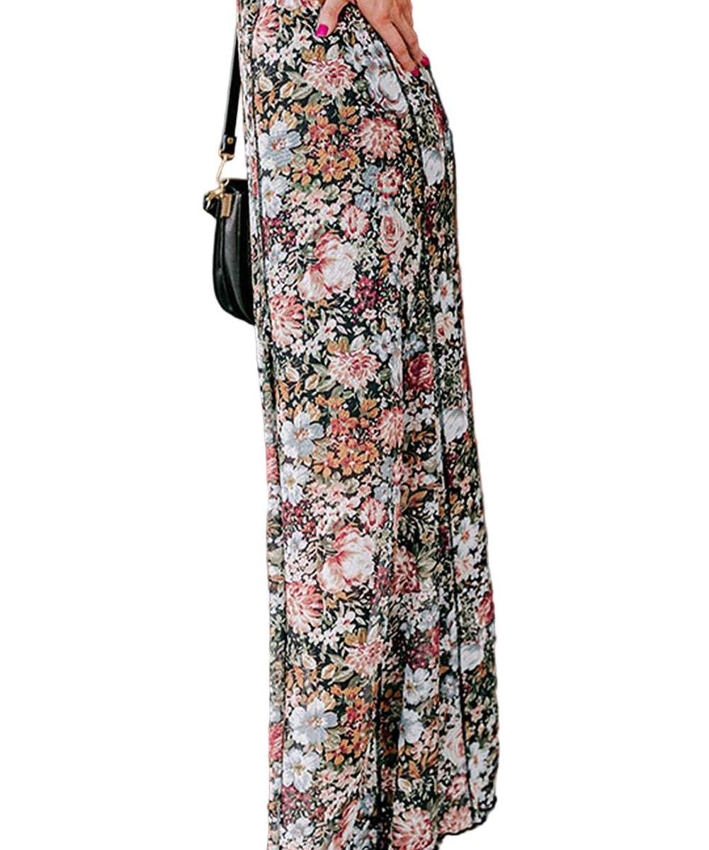 Brown Floral Print High Waist Maxi Skirt