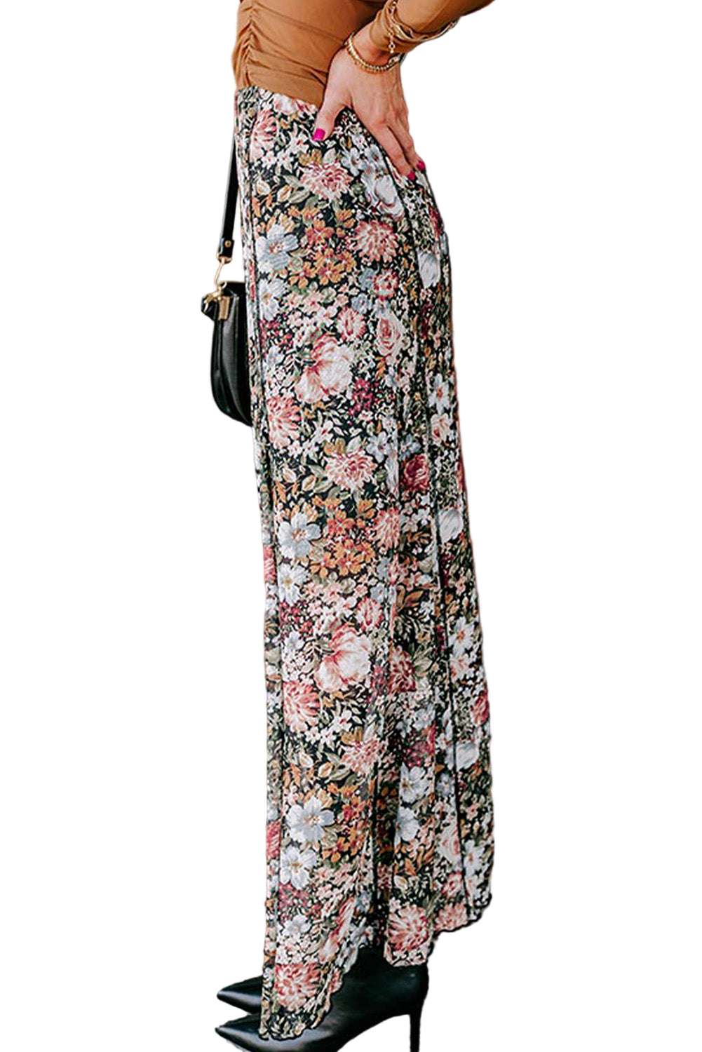 Brown Floral Print High Waist Maxi Skirt