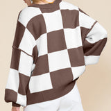 Dark Brown Checkered Bishop Sleeve Sweater