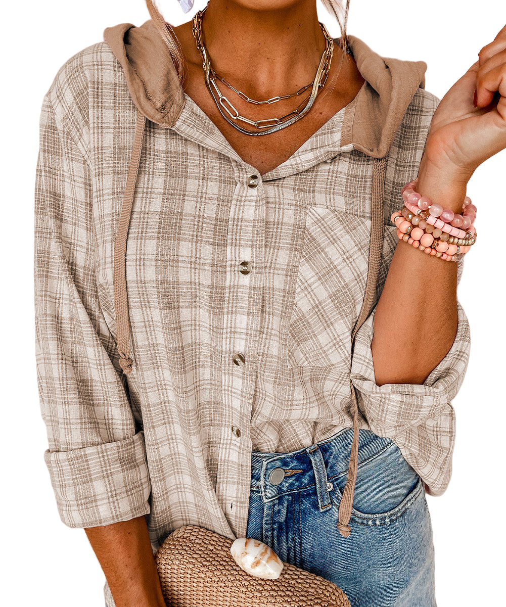 Pink Checkered Print Loose Fit Buttoned Hooded Shacket