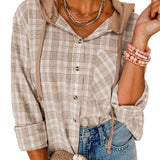 Pink Checkered Print Loose Fit Buttoned Hooded Shacket