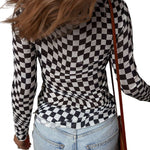 Black Checkered Pattern Mesh Mock Neck Long Sleeve Top