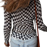 Black Checkered Pattern Mesh Mock Neck Long Sleeve Top