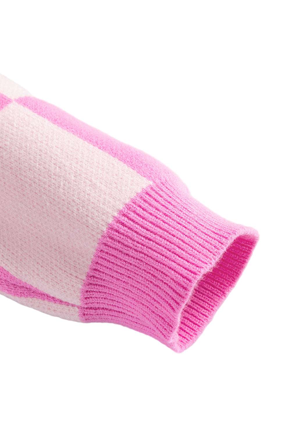 Pink Checkerboard Half Button Collared Drop Shoulder Sweater
