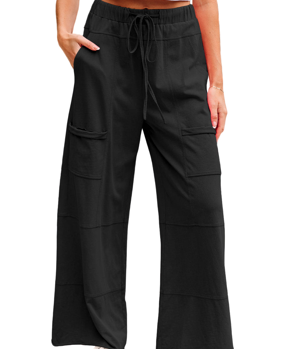 Bonbon Mineral Wash Exposed Seam Drawstring Elastic Waistband Wide Leg Cargo Pants