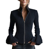 Women's Slim-Fit Rib-Knit Zip-Up Top with Flared Cuffs
