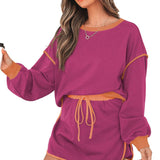 Black Color Contrast Loose Pullover and Lace-up Waist Skort Set