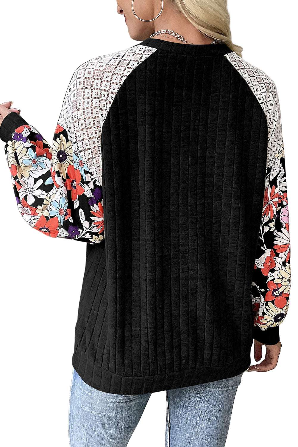 Laurel Green Floral Patchwork Long Sleeve Ribbed Blouse