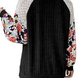 Laurel Green Floral Patchwork Long Sleeve Ribbed Blouse