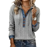 Denim-Panel Cable Knit Hooded Pullover