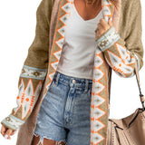 Brown Aztec Print Open Front Knitted Cardigan