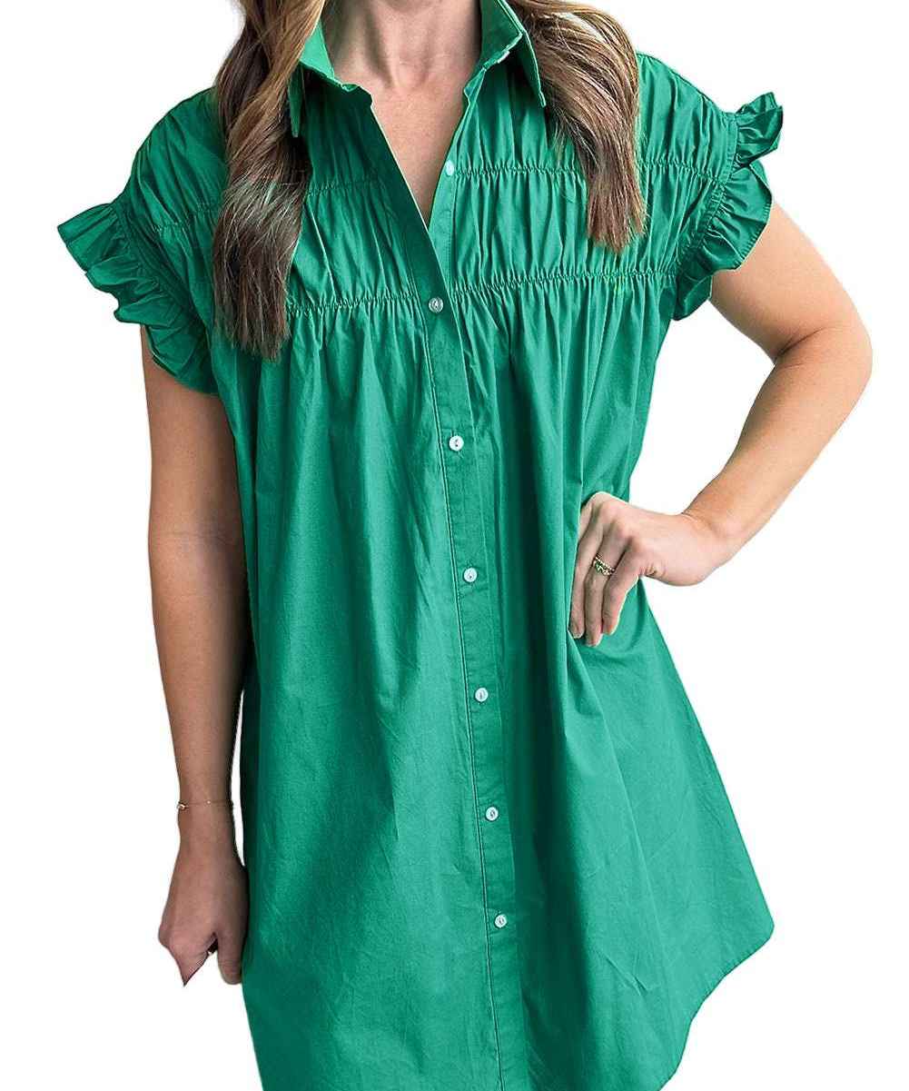 Bright Green Shirred Ruffle Sleeve Button Up Short Dress